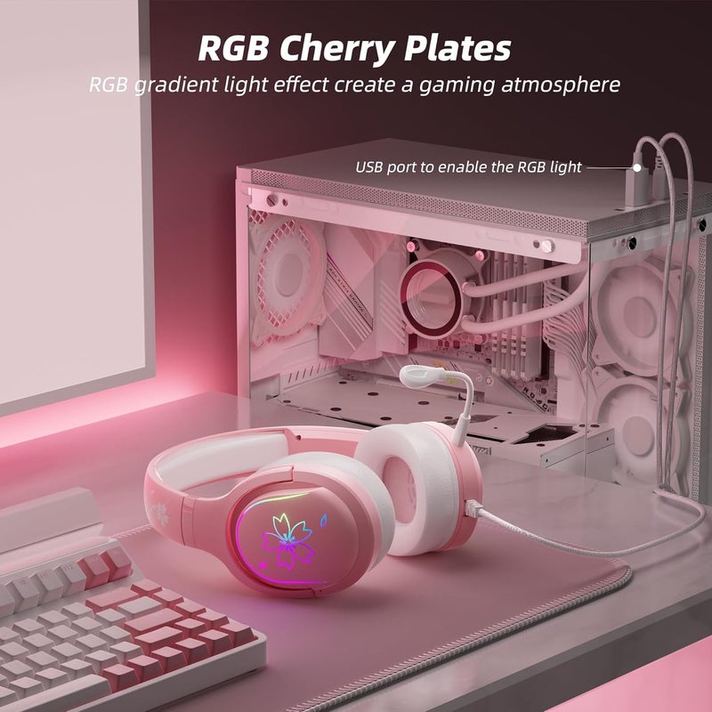 Mytrix Cherry Blossoms Wired Gaming Headset, 360° Rotation Mic, Soft Earmuff Gaming Headphones for PS4, PS5, PC & MAC, Switch, RGB Gradient Light Effect - Image 2